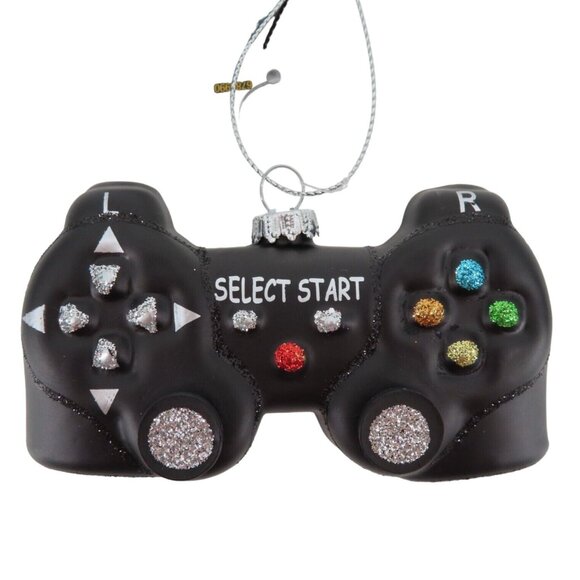 Robert Stanley Black Game Controller Blown Glass Glitter Christmas Ornament NEW - Picture 1 of 8